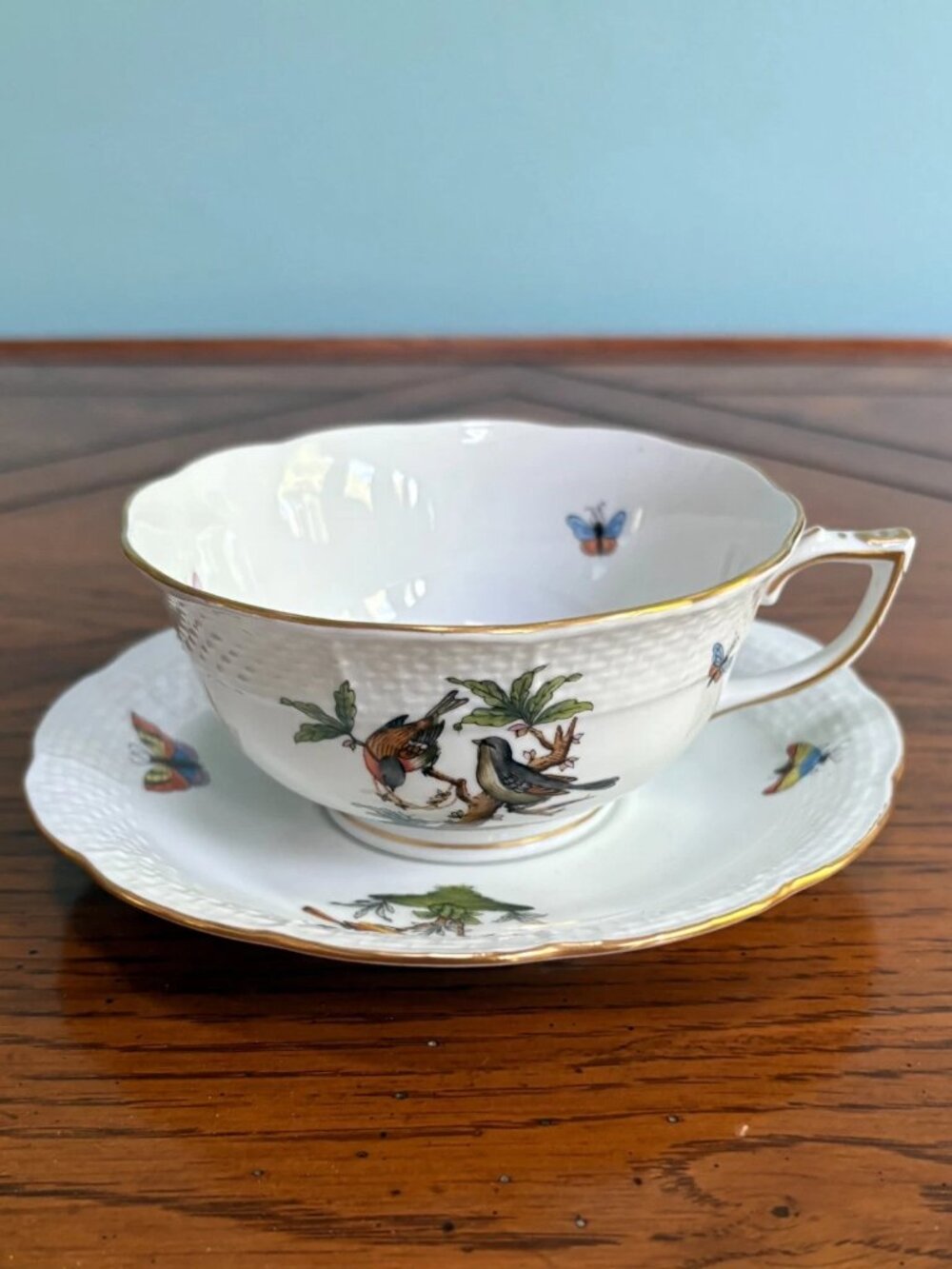 Herend Rothschild Bird Large Footed Teacup and Saucer-Mixed motifs-Read Descr